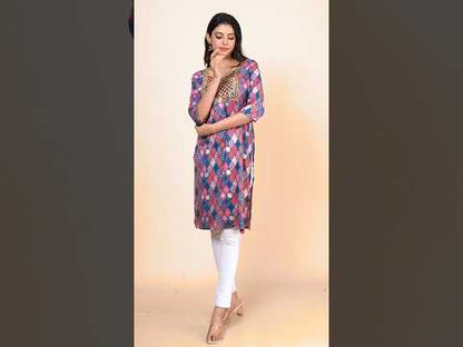 Printed Kurti for Women | Pink & Blue Designer Ethnic Wear Kurti with 3/4 Sleeves