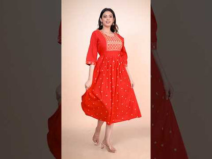 Elegant Red Embroidered Cotton Women's Gown