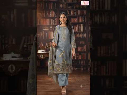 Elegant Powder Nude Blue Floral Embroidered Unstitched Salwar Suit with Dupatta