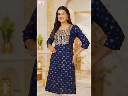 Blue Printed Kurti for Women with Gold Embroidery | Elegant Ethnic & Office Wear Kurta