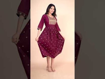 Elegant Maroon Embroidered Cotton Gown with Gold Motif