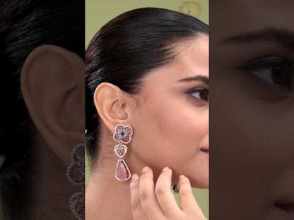 American Diamond Floral Pink Stone Drop Earrings for Women | Rose Gold Polish Party Wear Earrings