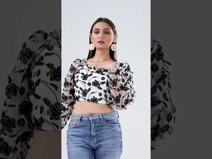 Women’s Fancy Floral Embroidered Full Sleeve Crop Top | Premium Stylish Party Wear
