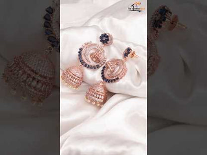 American Diamond Chandbali Jhumka Earrings – Blue & Rose Gold