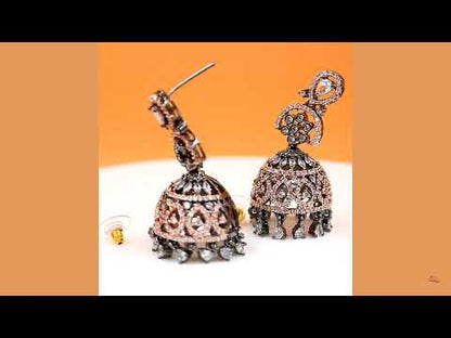 Premium American Diamond Black Rose Jhumka Earrings