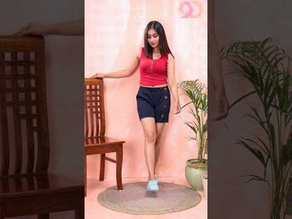 Women’s Navy Blue Hot Pant with Button Detail & Pockets | Comfortable Stylish Shorts