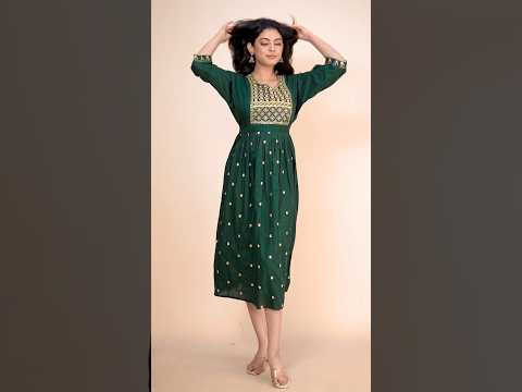 Elegant Green Embroidered Cotton Gown with Gold Motif
