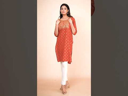 Printed Kurti for Women – Red Ethnic Printed Kurta with Embroidered Yoke & 3/4 Sleeves