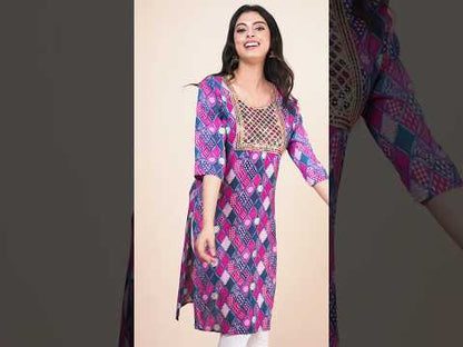 Printed Kurti for Women – Pink & Navy Geometric Print Kurti with Embroidered Neckline | 3/4 Sleeve Ethnic Wear