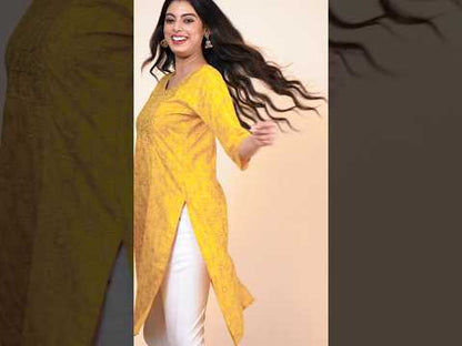 Printed Kurti for Women – Yellow Embroidered Straight Kurti with 3/4 Sleeves | Elegant Ethnic Wear for Women