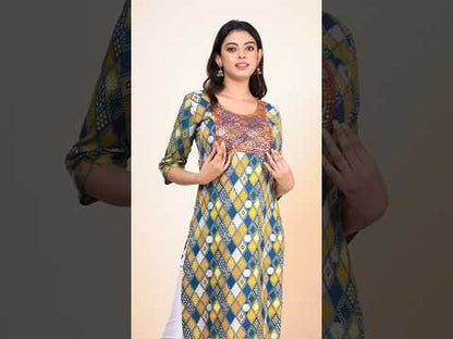 Printed Kurti for Women – Blue & Mustard Geometric Print Kurti with Embroidered Neckline | 3/4 Sleeve Ethnic Wear
