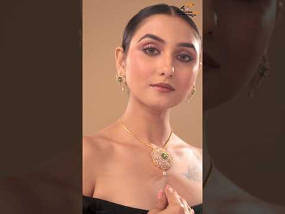 Luxury Green Crystal American Diamond Floral Pendant Set with Earrings for Women