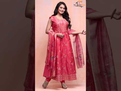 Red Embroidered Festive Women's Gown with Dupatta