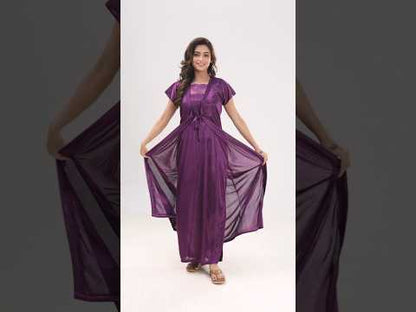 Luxury Satin Nighty & Robe Set for Women – Purple | Soft & Elegant Sleepwear