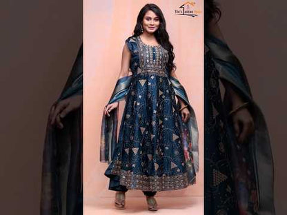 Navy Blue Embroidered Festive Women's Gown with Dupatta