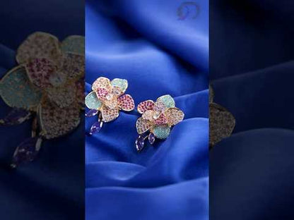 Anti-Tarnish Floral Stud Earrings, Multicolor Crystal Gold Tone Flower Earrings