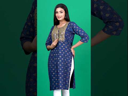 Blue Printed Kurti for Women with Gold Embroidery | Elegant Ethnic & Office Wear Kurta