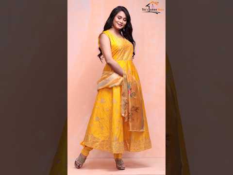 Mustard Yellow Embroidered Anarkali Gown with Floral Dupatta for Women | Tito’s Fashion House