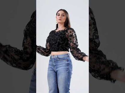 Elegant Black Floral Lace Crop Top for Women | Stylish Party Wear Top | Full Sleeve Sheer Design