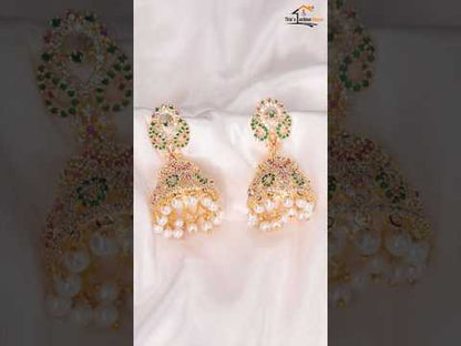Royal Green & Ruby American Diamond Jhumka Earrings with Pearls