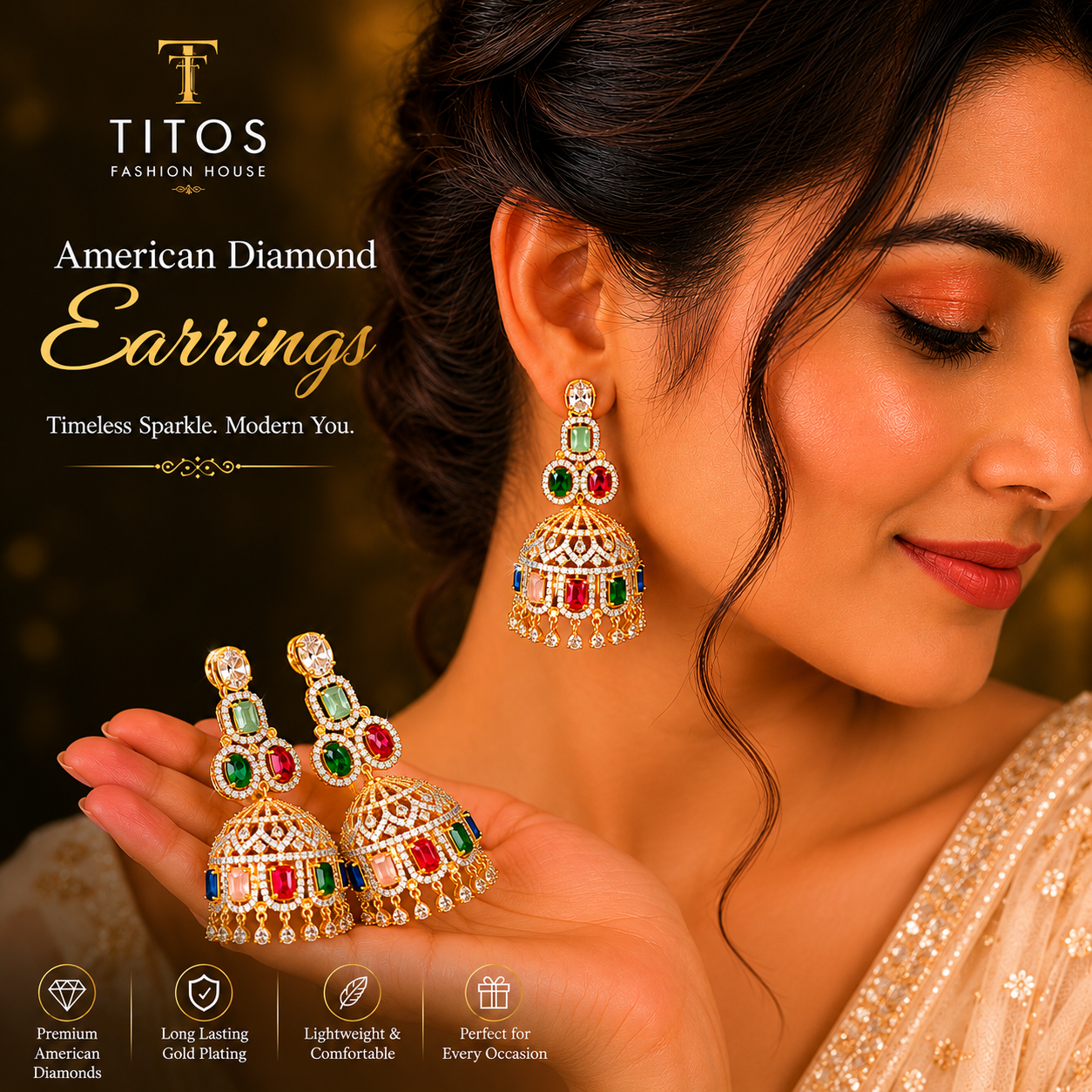 Woman wearing Titos American Diamond Earrings with product details on a dark background