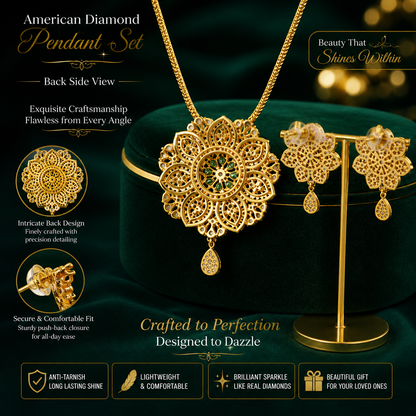 Luxury Green Crystal American Diamond Floral Pendant Set with Earrings for Women