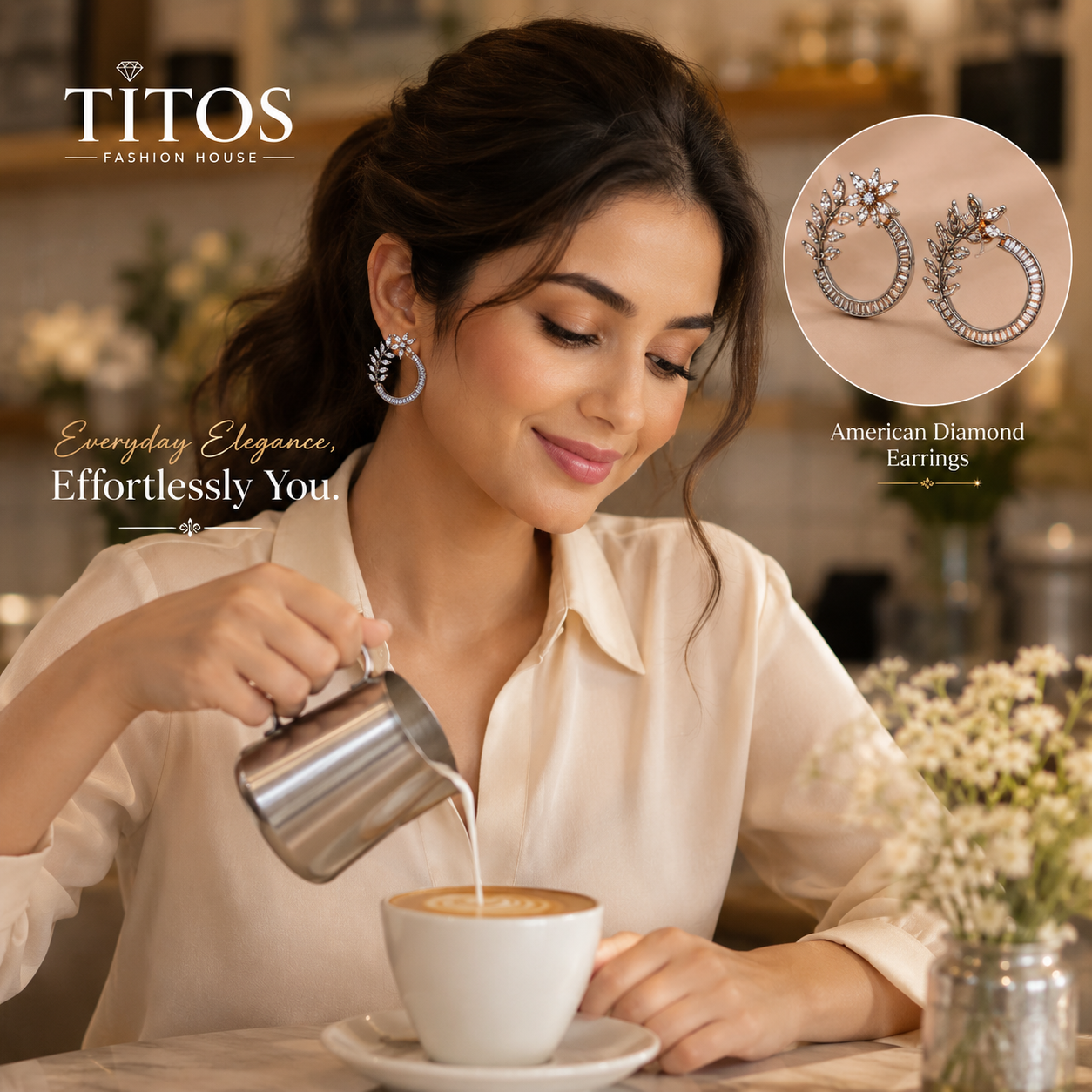 Woman pouring milk into a cup of coffee with TITOS jewelry advertisement.