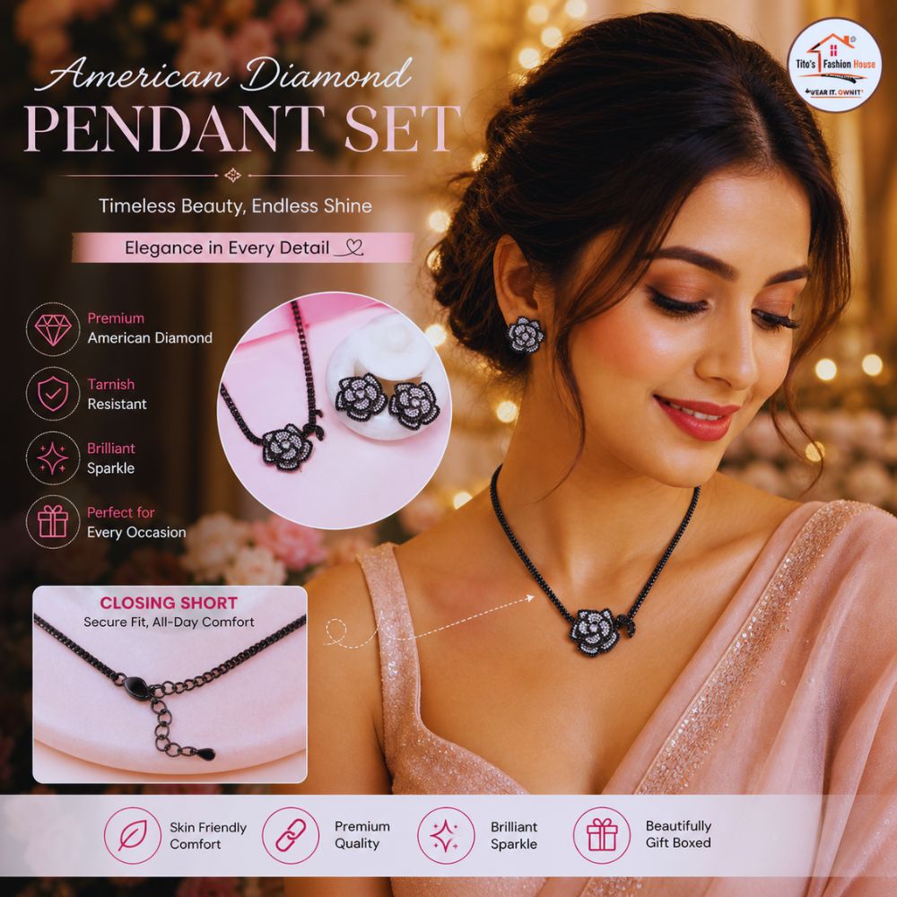 Woman wearing an American Diamond pendant set with product details on a blurred background