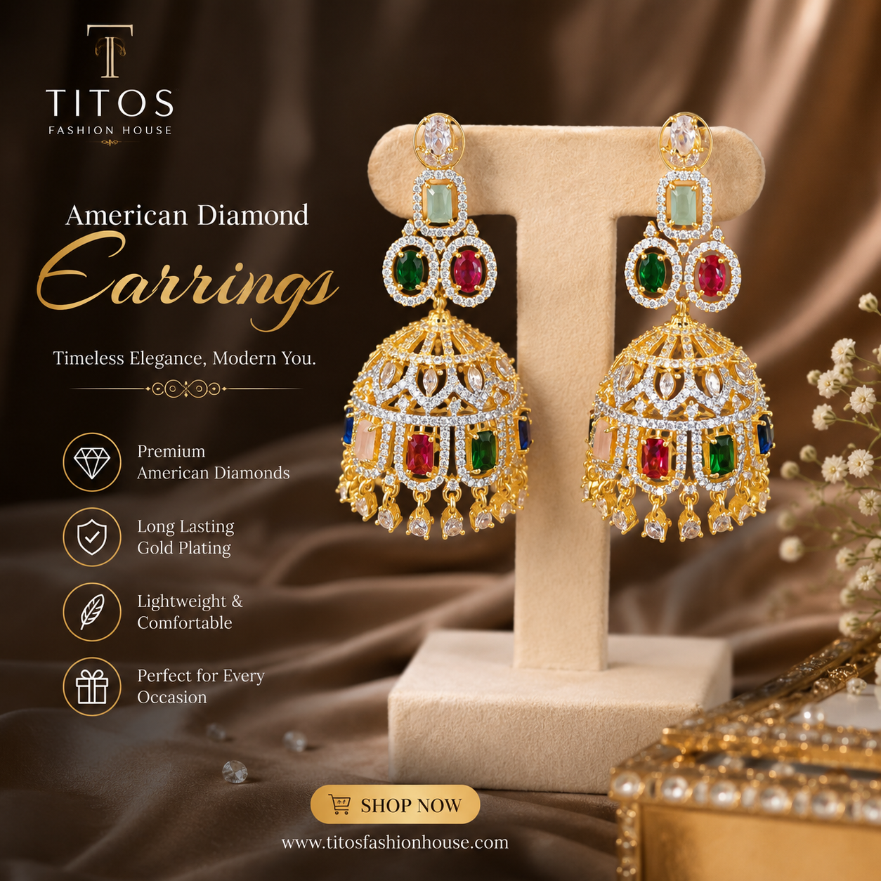Gold earrings with colored gemstones on a display stand, branded as TITOS Fashion House.