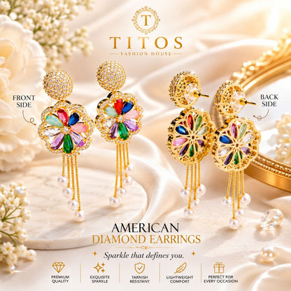 Colorful diamond earrings with gold accents on a soft fabric background, featuring TITOS Fashion House branding.