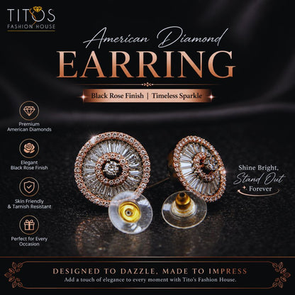 Advertisement for Tito's Fashion House American Diamond Earring with black rose finish on a dark background.