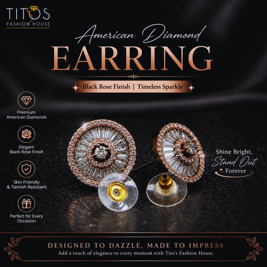 Elegant American Diamond Stud Earrings – Black Rose Polish | Premium Designer Daily Wear
