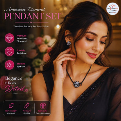 Woman wearing a diamond pendant set with product features highlighted