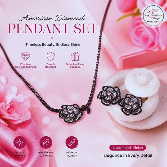 Black Polish American Diamond Floral Pendant Set for Women | Titos Fashion House