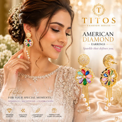 Woman wearing colorful earrings with 'TITOS Fashion House' branding and product details.