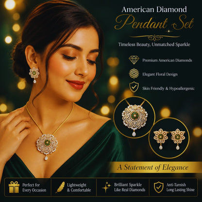 Luxury Green Crystal American Diamond Floral Pendant Set with Earrings for Women