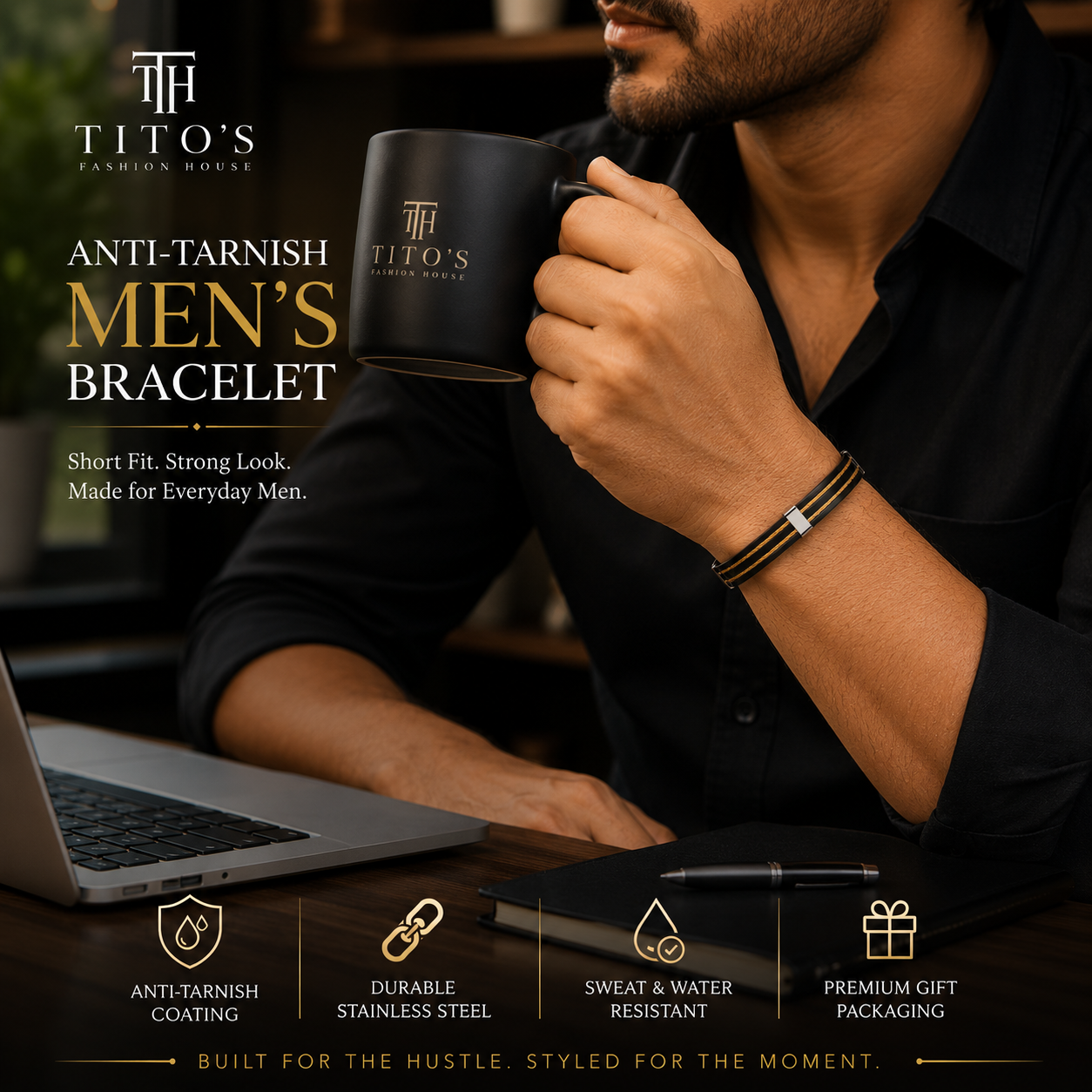 Man holding a black mug with Tito's Fashion House branding, wearing an anti-tarnish men's bracelet.