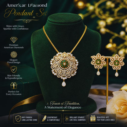 Luxury Green Crystal American Diamond Floral Pendant Set with Earrings for Women