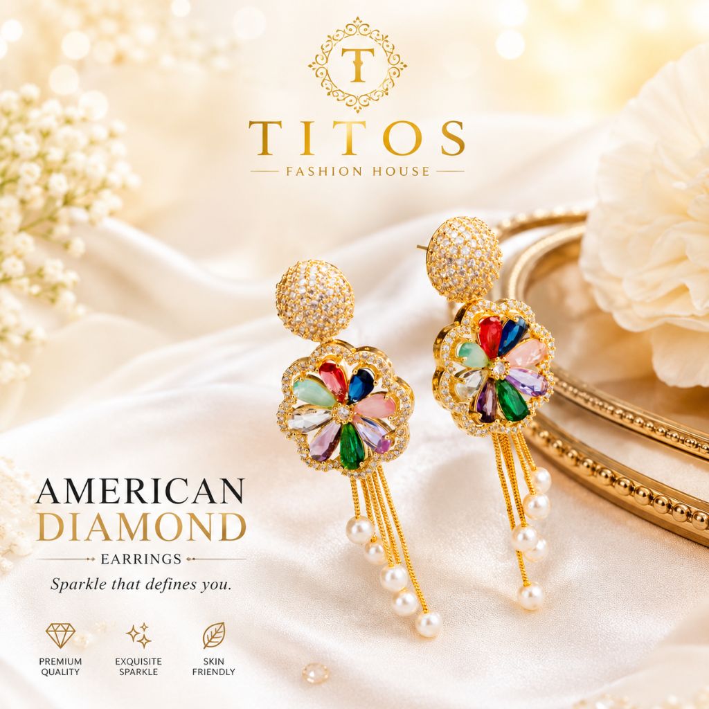 Colorful earrings with gold accents on a soft fabric background, featuring the brand 'TITOS'.