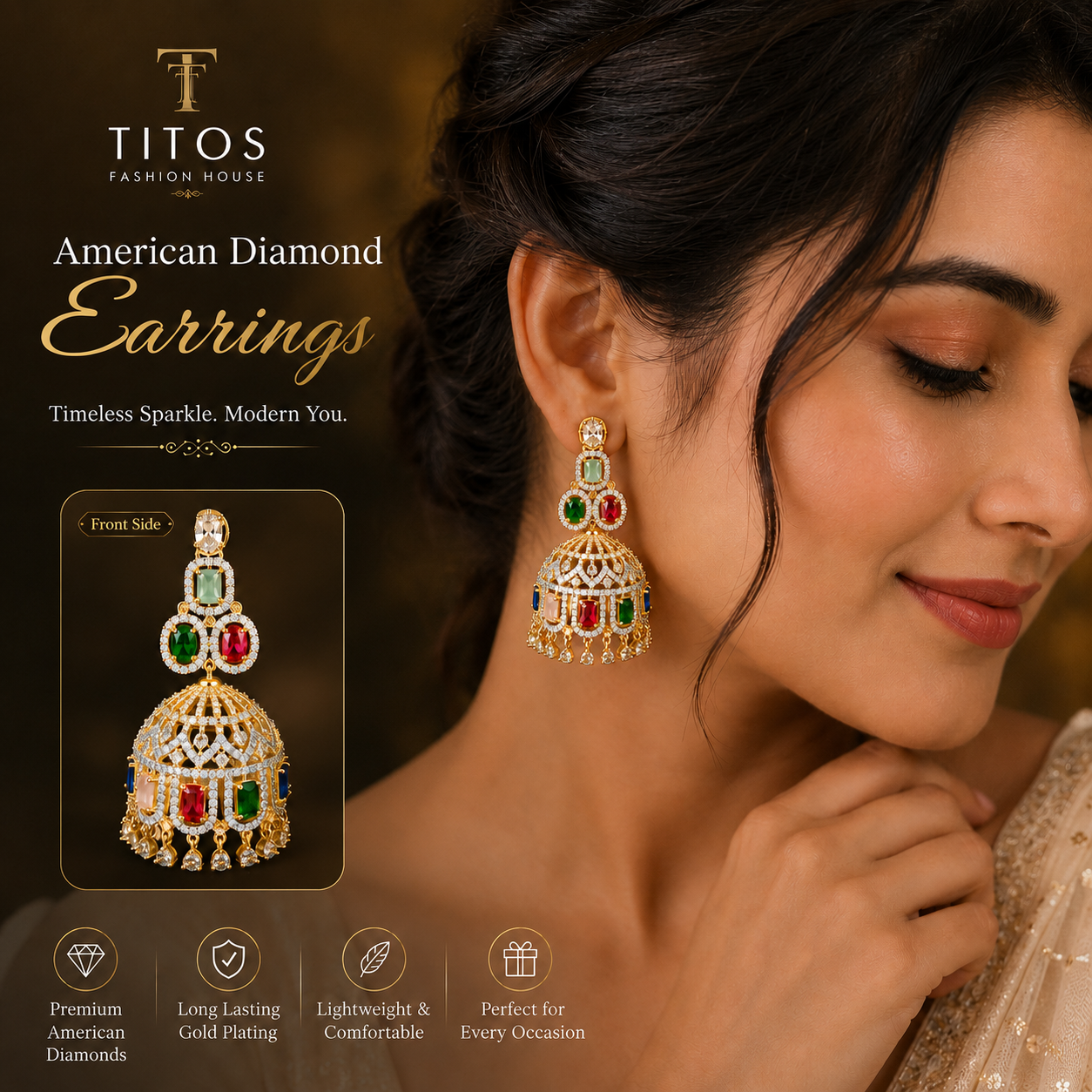 Woman wearing American Diamond earrings with product details and TITOS Fashion House branding.