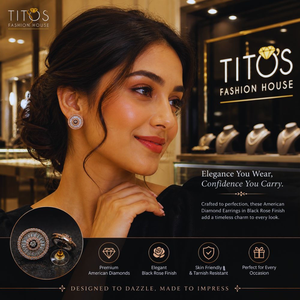 Woman wearing diamond earrings with Tito's Fashion House branding in the background