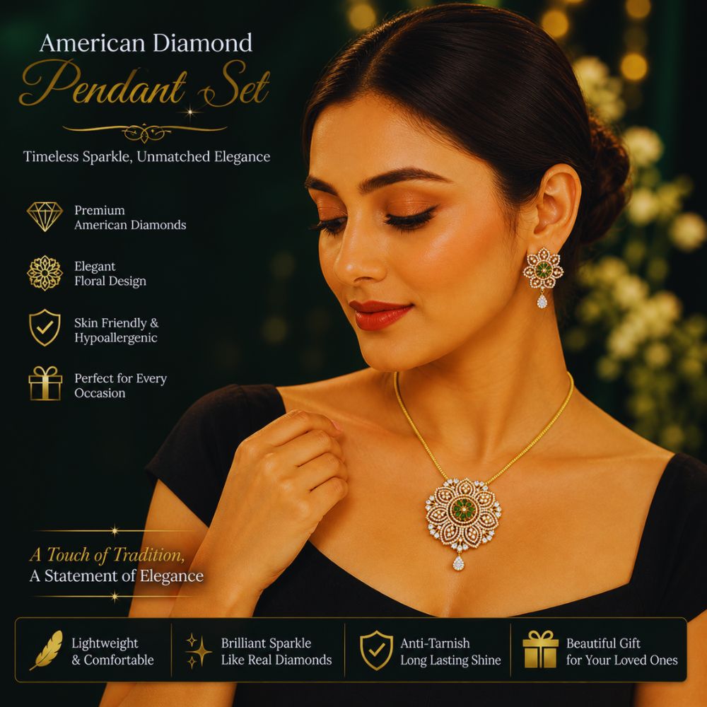 Luxury Green Crystal American Diamond Floral Pendant Set with Earrings for Women