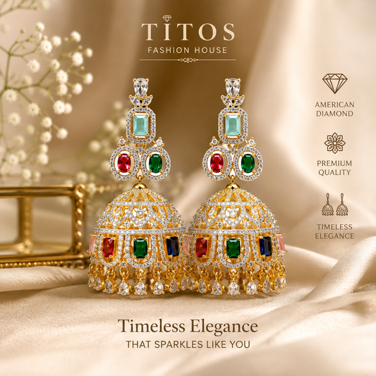 Elegant Multicolor American Diamond Jhumka Earrings for Women | Premium Gold Plated Party Wear Earrings
