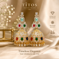 Luxury earrings with gemstones on a soft fabric background, featuring the brand 'TITOS Fashion House'.