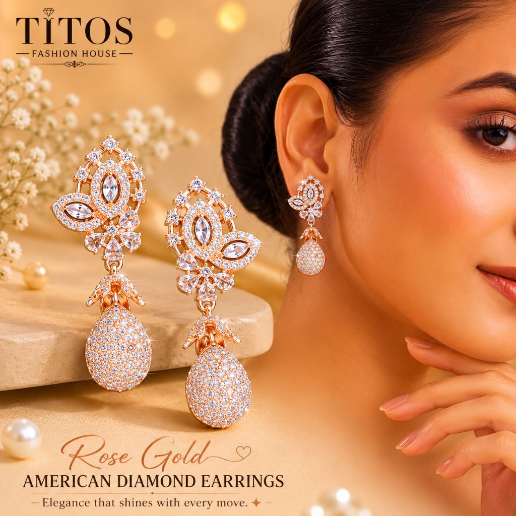Rose gold American diamond earrings on a model with 'TITOS Fashion House' branding.