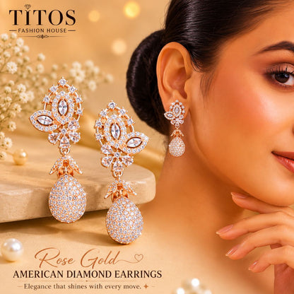 Rose gold American diamond earrings on a model with 'TITOS Fashion House' branding.
