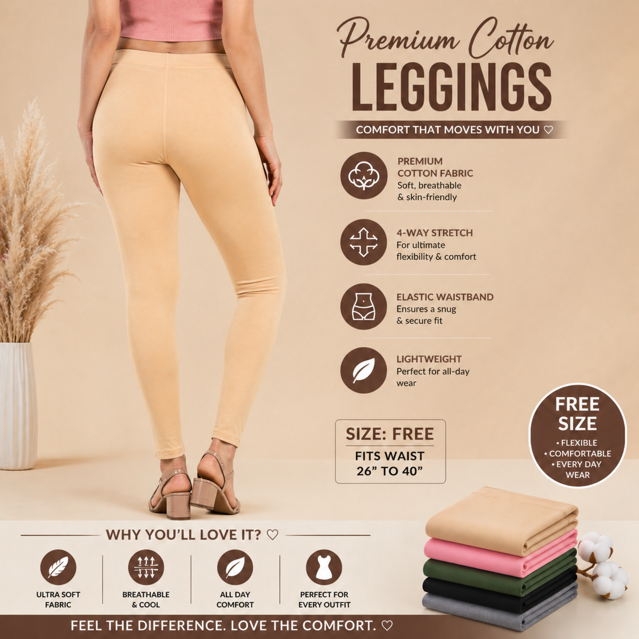 Beige leggings being worn with product features highlighted on a beige background