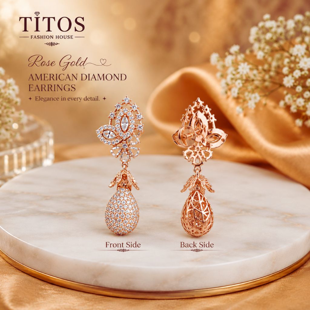 Rose gold American diamond earrings on a marble surface with 'TITOS Fashion House' branding.