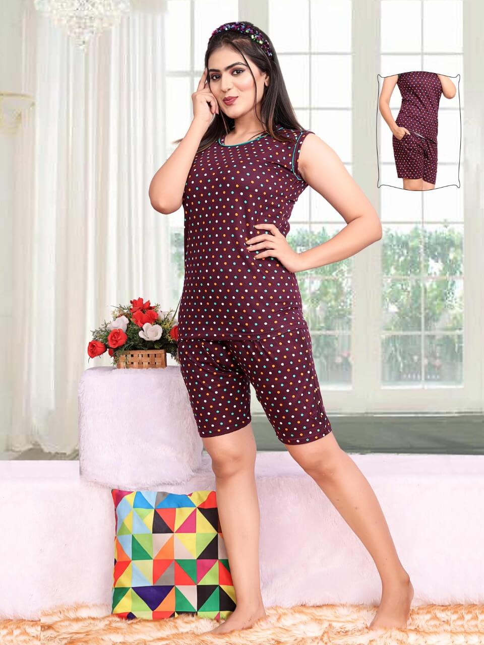 Cotton Hosiery Top And Bottom Ladies Shorts Night Suits - Maroon Colored -  Tito's Fashion House