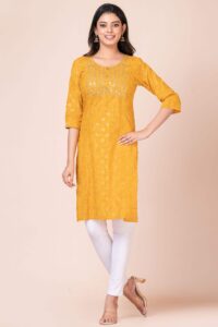 Elegance Embroidered Kurti For Women Yellow